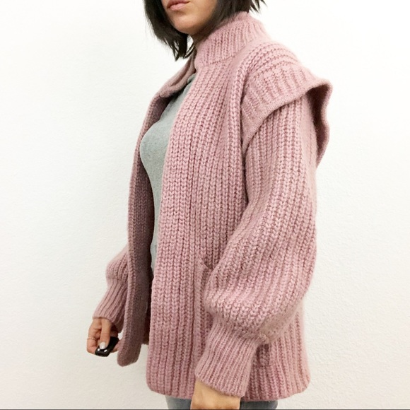 Pink Vintage 💕 size L 80s Chunky Wool Knit Oversized Cardigan Sweater Pockets - Picture 4 of 5